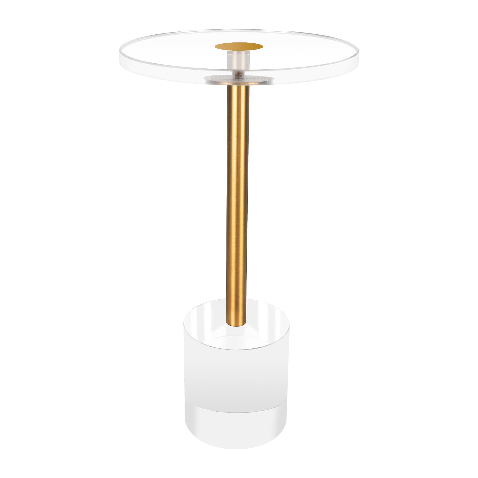 Cutora Acrylic End Table Small Side Table 12 x 12 x 23.6 Inches Clear Gold Brass Metal Round Coffee Table with Thick Solid Base for Drink Food Snack Cocktail Used in Living Room Bedroom