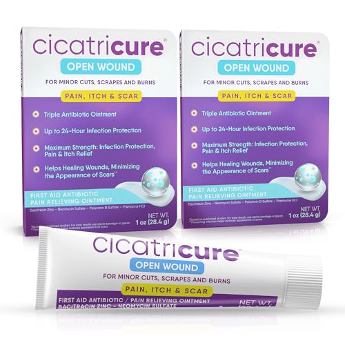 Cicatricure Triple Antibiotic Ointment with Pain Relief, Bacitracin Antibiotic Ointment & Cream for Wound Care, Healing Ointment for Cuts, Burns, Insect Bites, First Aid Supplies Essential, 1 oz