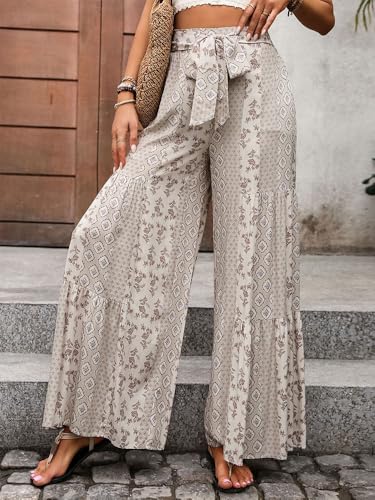 Women's Summer Ethnic Pattern Shirred Tie Front Wide Leg Vintage Pants, Boho Casual Patchwork Trousers for Beach Vacation3
