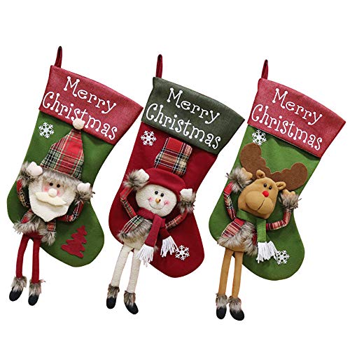 XONOR Calcetín de Navidad, tamaño Grande, 3 Piezas, 45,7 cm, diseño de Papá Noel, Reno, Chimenea Calcetines, Felpa 3D, para...