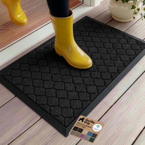 Image of GORILLA GRIP WeatherMAX Door Mat, Indoor Outdoor, 47x35, Black Quatrefoil