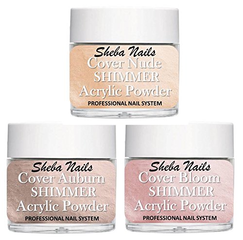 SHEBA NAILS Cover Concealer Acrylic Powder Variety Kit - Cover Shimmer Auburn, Cover Shimmer Bloom, and Cover Shimmer Nude 1/4oz.