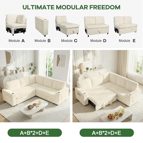 Image of Sectional Sleeper Sofa with Pull Out Bed, Modular Corner Sofa with Storage, Sectional Couches for Living Room, Convertible Sofa Bed for Living Room, Bedroom and Apartment, Beige