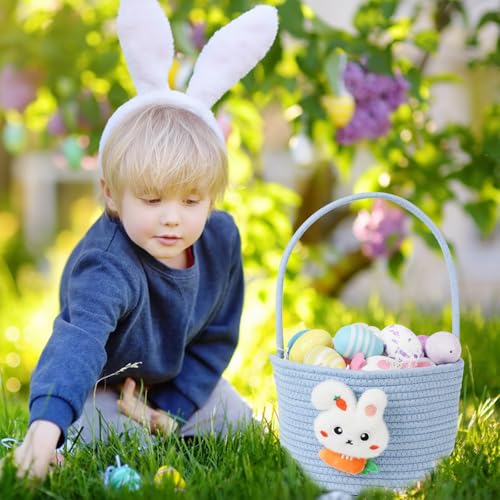 Image of DERAYEE Easter Basket with Handle, Cute Bunny Carrot Basket Easter Egg Hunts Gift Baskets for Easter Party Favors Candy Gifts Storage (Blue)