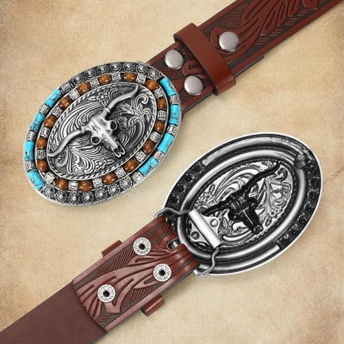 Cowboy Belt with Turquoise Oval Buckle - Western Genuine Leather Belt for Men Women Jeans2
