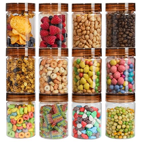 Image of PEARLPET Plastic Containers for Kitchen Storage | Plastic Container Set with Spoon | BPA-Free, Stackable Jars | Brown,300 ML (Set of 12)