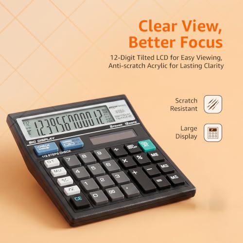 Image of Amazon Basics Electronic Calculator (AB-512A) | 12 Digit Large Display | Dual Power (Solar + AAA Battery) | 30 Angled Screen | Big Button Design | 13 x 13 cm | Black | for Office, School & Home