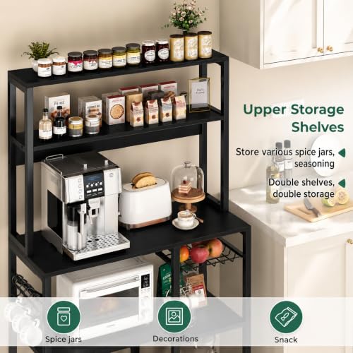 Image of 5-Tier Kitchen Storage Rack | Microwave Stand with Organizer | Kitchen Shelf Unit | Coffee Bar Organizer | Heavy Duty Metal & Wood Cabinet | Black | 90x40x150 cm