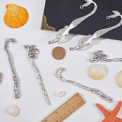 SUNNYCLUE 12Pcs Hook Bookmarks Vintage Style Antique Silver Bookmark Hooks Mermaid Koi Fish Dolphin Animal Bookmarks Summer Ocean Hairpin Strip Carved Book Marks with Loop for Beading DIY Crafting - Image 3
