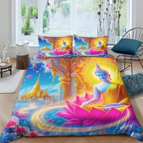 Estatua de Buda Ropa De Cama 3D para Niños Y Adolescentes Juego De Buda Lotus 3 Piezas con Cremallera Oculta Funda Nórdica Y 2 Fundas De Almohada Decoración Hogar Double（200x200cm）