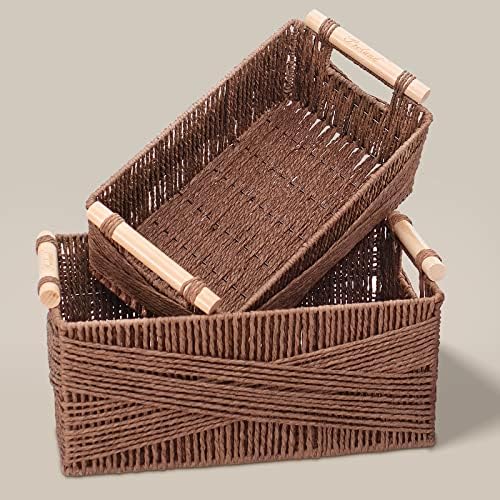 Storage Basket with Handle, Large Rectangular Wicker Basket for Organizing, Decorative Wicker Storage Basket Woven Basket Organizers for Living Room, Set of 2…