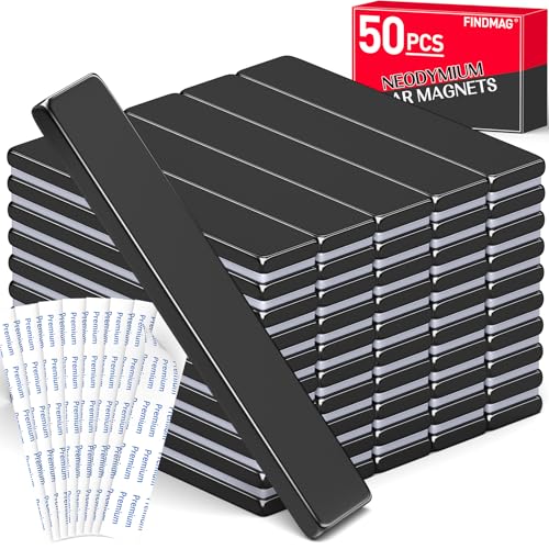 Image of FINDMAG Adhesive Magnet Strips, 50 Pack 60x10x3mm, Strong Rare Earth | Heavy duty bar magnets with a coated mounting surface; for workshops, cabinets, display walls, toolboxes and garage storage
