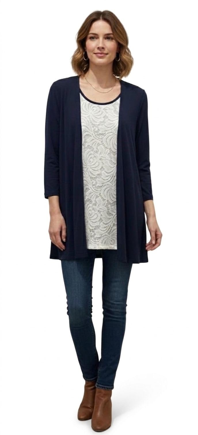 Women's Navy Blue Open Front Cardigan with Lace Front Top, 3/4 Sleeve, Layered Look-image-46
