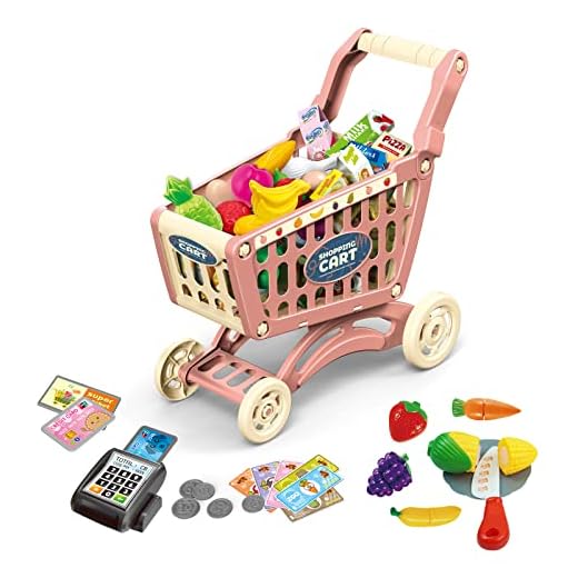 RedCrab Carro Compra Juguetes Infantil, Juego de Accesorios de Tienda de 64 Piezas, Carrito de Compras de Juguete para Regalo Educativo (Rosa,64pcs)