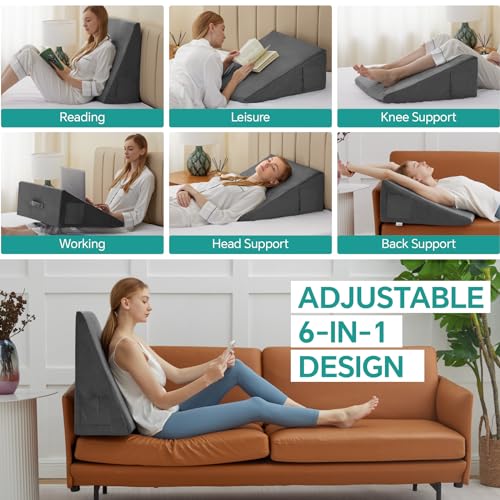 Image of Bedluxe Wedge Pillow, 10 inch Bed Wedge Pillow for Headboard, Pillow Wedge for Acid Reflux Relief, Sleeping, After Surgery, Snoring, Gerd, Triangle Pillow Wedge - Cooling Memory Foam Top, Plush Grey