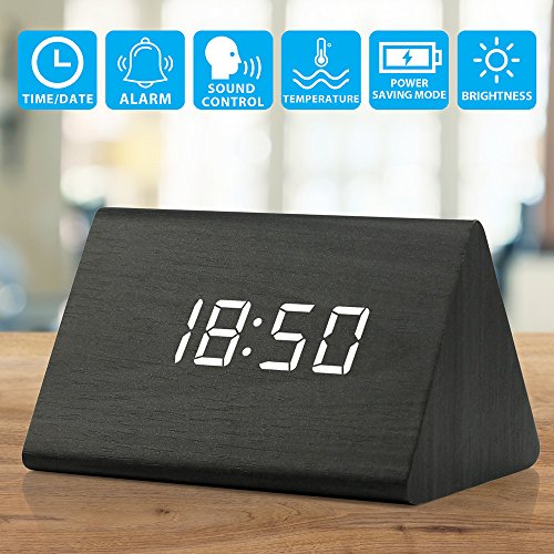 OCT17 Wooden Wood Clock , 2020 New Version LED Alarm Digital Desk Clock Adjustable Brightness, Alarm Time, Displays Time Date Temperature - Black (White Light)