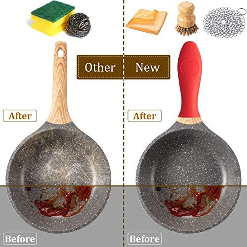 7 Pieces Cast Iron Cleaner Set Include Stainless Steel Chainmail Scrubber with Bamboo Dish Scrub Brush Hot Handle Holder 2 Pan Grill Scrapers Kitchen Towel Wall Hook