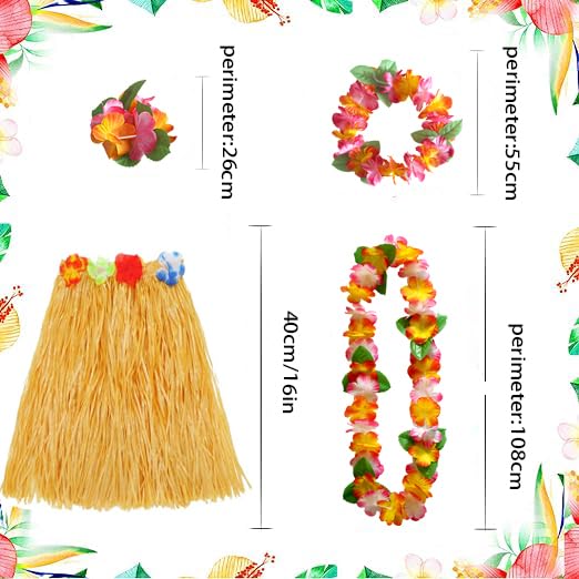 5Pcs Hawaiian Leis Hula Grass Skirt Set, Hawaiian Flower Leis Necklace Headband Bracelets Luau Skirts - Image 2