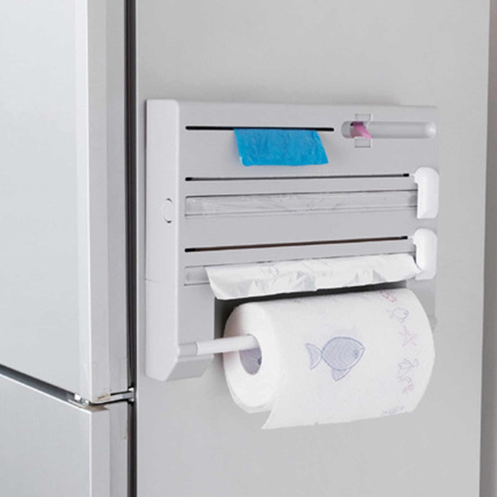 Organisateur d'emballage en plastique 6 en 1 avec coupe-papier, distributeurs de nourriture, machine de découpe d'emballage en plastique non poreux fixée au mur, adaptée aux emballages d'aliments, de