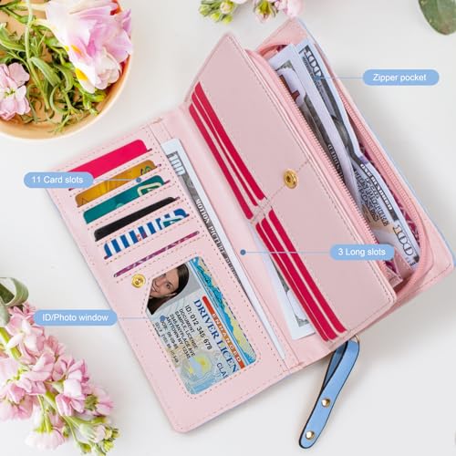 KOTORA Cute Wallet for Women Girls Long Bifold Clutch Bag Mini Cat Embroidery Zip Around Card Holder Coin Purse (Wathet)4