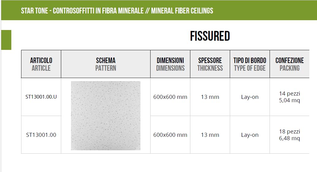Akifix ITP ST13001.00 PANNELLO CONTROSOFFITTO FISSURED IN FIBRA MINERALE 600x600x13 CF 6.48 MQ Confezione da 18 pezzi LINEA STAR TONE