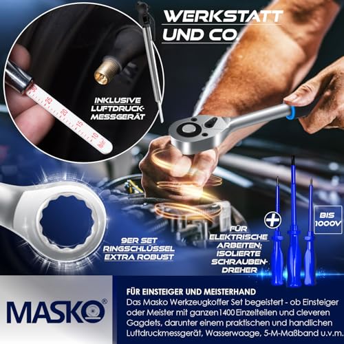 MASKO® Maletín de herramientas de 1400 piezas lleno | Juego de herramientas en maletín de aluminio | Caja de herramientas con ruedas | Caja de herramientas para el hogar, casa, pasatiempos, automóvil - imagen 5