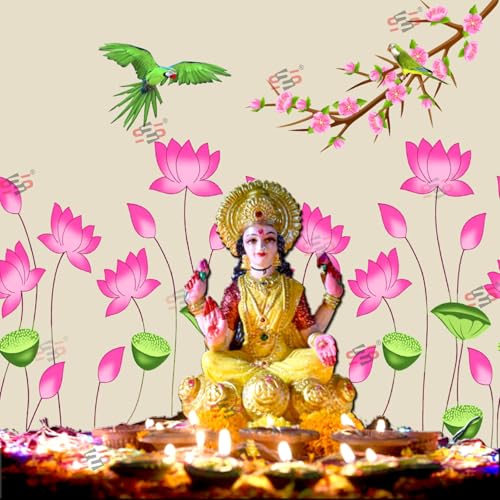Image of S2S Traditional Lotus Flower Design Backdrop Cloth | for Pooja Decoration Background Curtain Cloth | 5 Feet Height & 5 Feet Width (Lotus Flower with PAROT)
