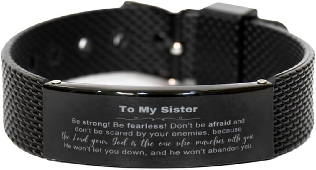 Sister Gift Black Shark Mesh Bracelet, Sister, Be strong! Be fearless!. Bible Verse Gifts for Sister, Men or Women on Birthday Christmas. Gifts for Sister