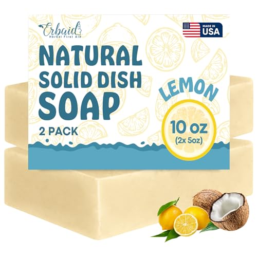 Non Toxic Dish Soap Bar – Natural Solid Dish Soap with Lemon Scent – Eco Friendly, Zero Waste, Plastic Free Kitchen Dishwashing Block – Long-Lasting, Gentle on Hands and Tough on Grease – Made in USA