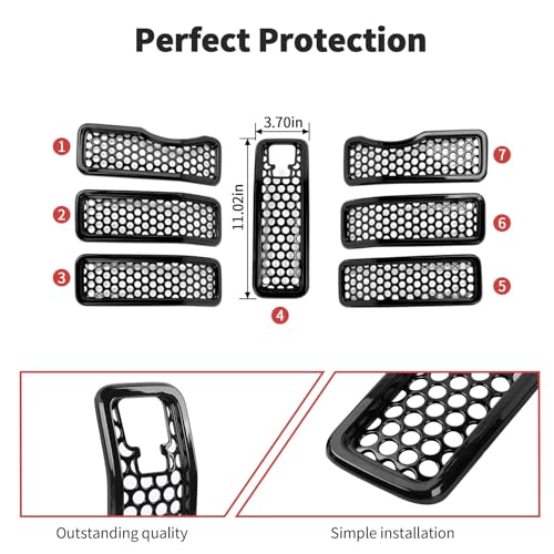 Image of JWWY for Jeep Front Grille Mesh Inserts Cover Trim Compatible with 2024 Jeep Wrangler JL JLU & Gladiator JT 4xe Exterior Accessories ABS 7pcs with Mesh Black(with Camera) Black