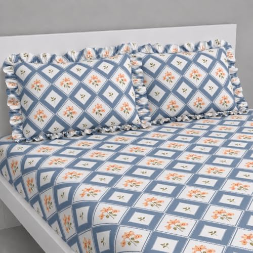 Image of VOMZER King Size (72x78) 300 TC Soft Cotton Feel Microfiber All Around Elastic Fitted Double Bedsheet with 2 Frill Pillow Covers | Grey Blossom Check