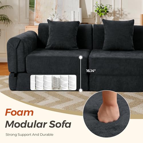 Image of 100 inch Oversized Convertible Sleeper Sofa Bed, Modular Sectional Cloud Sofa with Fixed-Shape Frame & Tabletop, Boneless Couch with Storage Pocket for Living Room, No Assembly Required, Black