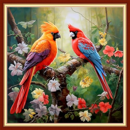 Image of Foxhool Beginners Cross Stitch Kits Stamped Full Range of Embroidery Kits for Adults DIY Cross Stitches kit Embroidery Patterns for Needlepoint kit-Birds and Flowers 18x18 inch