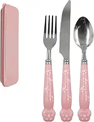 Kit Talheres em Inox 3 Peças Garfo Faca Colher Com Estojo Portatil Reutilivazel - Para Marmita, Lanche, Escolar, Viagem e Camping Premium MZZC (Rosa Patinhas)