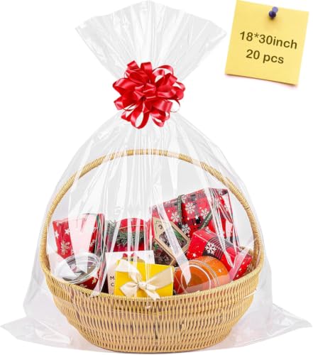 CUDICY Clear Cellophane Bags 20Packs 18x30 Inch for Gift Baskets Wrap