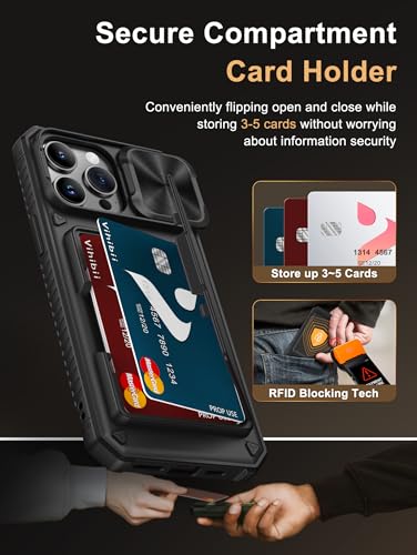 Image of Vihibii for iPhone 14 Pro Max Back Cover with Card Holder (4 Cards) [RFID Blocking] & Slide Camera Cover, Military Grade Drop Protection, Rugged Hard Back & Silicone Edge Wallet Phone Case 6.7 inch, Black