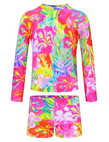 Image of TENVDA Girls Rash Guard Swimsuit Long Sleeve Bathing Suits with Shorts for 3-12 Years Old Kids
