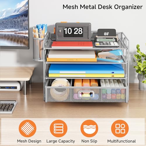 VITVITI Mesh Desk Organizer with Drawer, 4 Tier Desk Tidy Desktop Stationary Organiser Desk Tidy Organiser Storage with 2 Metal Mesh Pen Pencil Holders Pen Pot for Desk,Home, School,Office Accessories - Image 4