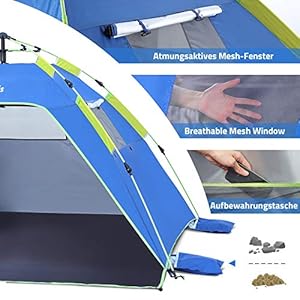 Glymnis Strandmuschel Quick Up Strandzelt Automatisches Strand Zelt mit Reißverschlusstür UV-Schutz 50+ Windschutz kleines Packmaß Strandzelt für 3 bis 4 Personen 3 Schnorchelmasken Quick Up: Automatischer Aufbau und einfacher Abbau. Nur 10 bis 60 Sekunden Aufbauzeit (Quick Up System), einfacher im Abbau als eine selbstaufbauende Pop Up Strandmuschel
UV-Schutz 50+: UV 50+ Sonnenschutz, ideal für den Urlaub mit Kindern am Meer (Hinweis: Sie müssen immer noch Sonnenschutzmittel auftragen)
Luftiges Design: Das Netzfenster an seinen 3 Wänden sorgt für eine ausgezeichnete Belüftung. Die linke Tür mit einem Reißverschluss kann zur Belüftung geöffnet werden, sorgen für Belüftung und kühle Zeit am Meer