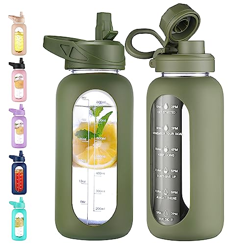 Image of CIVAGO 32 oz Glass Water Bottle with Straw and Handle, Large Sports Motivational Water Bottle Flask with Time Marker, Leakproof Water Jug Canteen with Silicone Sleeve for Gym, Army Green