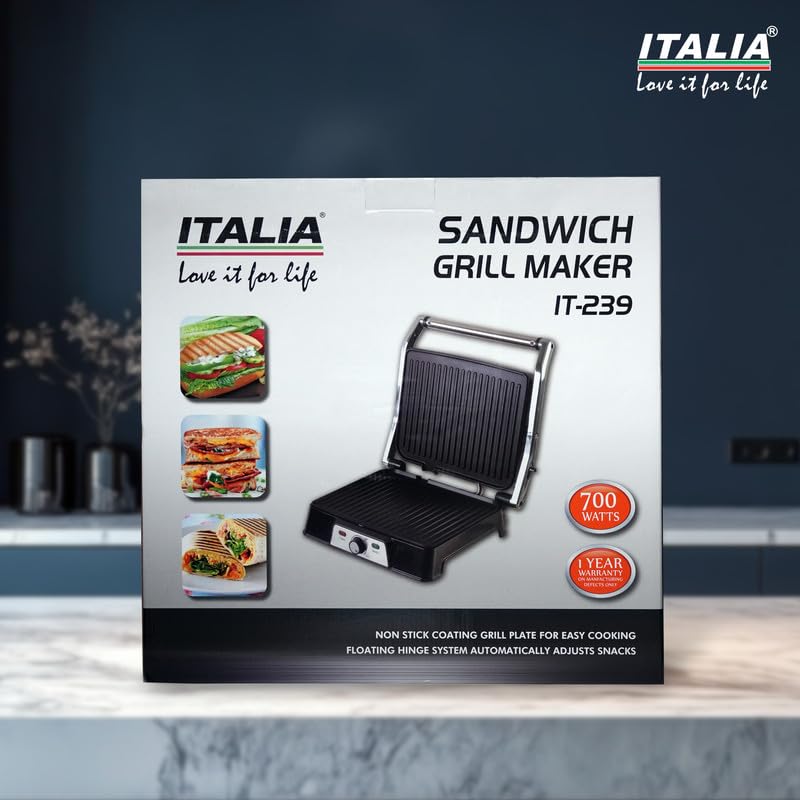 Image of ITALIA Electric Contact Sandwich Grill Maker, 2000W, 180� Opening, Temperature Control, Non-Stick Plates