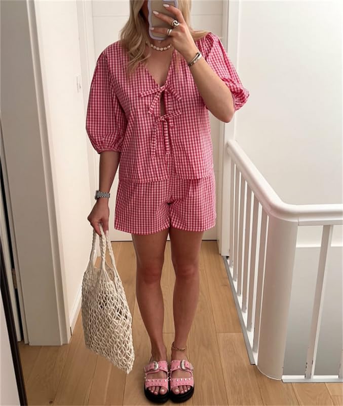 Image of Yuemengxuan Women Y2k Peplum Shirt Shorts Set Two Piece Lounge Set Pajamas Sets Puff Sleeve Tie Front Top 2pcs Pj Outfits