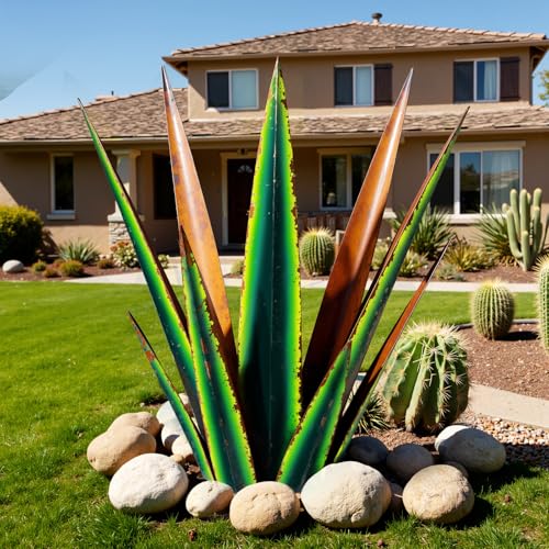 Image of KODIBO 24 inch Metal Agave Plant Outdoor Decor, Large Yard Art, Vintage Green | Weather-Resistant Metal, Hand-Painted Finish, Desert Steel Yard Art, Tequila Rustic Sculpture, Garden Decor for Outside