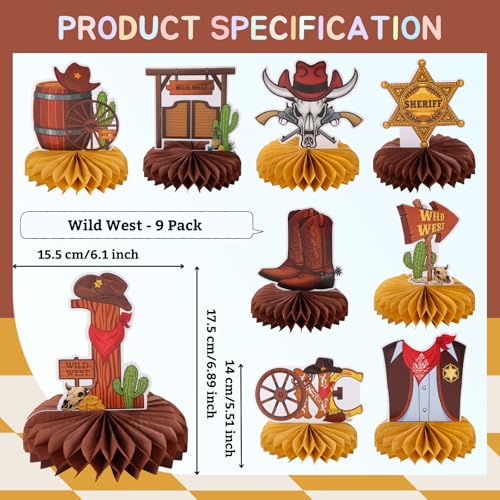 Image of 9pcs Western Cowboy Honeycomb Centerpieces for Wild West First Birthday Party Decorations 1st Rodeo Cowboy Boot Table Centerpieces for Baby Shower One Birthday Celebration Tabletop Sign Decors