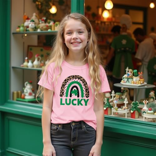 MODNTOGA Kids Girl St Patricks Day Shirt Leopard Rainbow Graphic Tee Lucky Shamrock T-Shirt Green Clover Short Sleeve Tops3