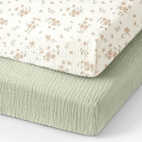 Image of Organic Pack and Play Sheets Fitted 38 inchx26 inch 100% Muslin Cotton, Mini Crib Sheets Compatible with Graco /hiccapop /YENING /Dream On Me /Babylicious Pack N Play Mattress, 1Playard Bedding Sheet Bed Cover