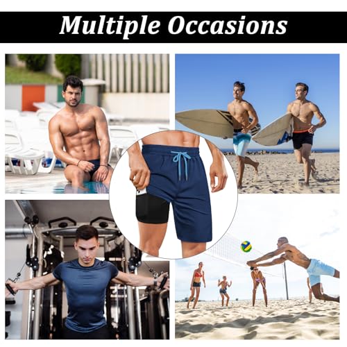 Image of Mens Swim Trunks with Compression Liner 2 in 1 Quick Dry Swimming Shorts Swimwear Bathing Suits with Pockets