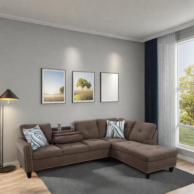 FONTOI Leather Sectional Couch Sofa, 4-Seat L-Shaped Sectional Sofa with Cup Holders & Nail-Head Trim – Modern PU Leather Living Room Couch for Apartment, Bedroom, Brown B