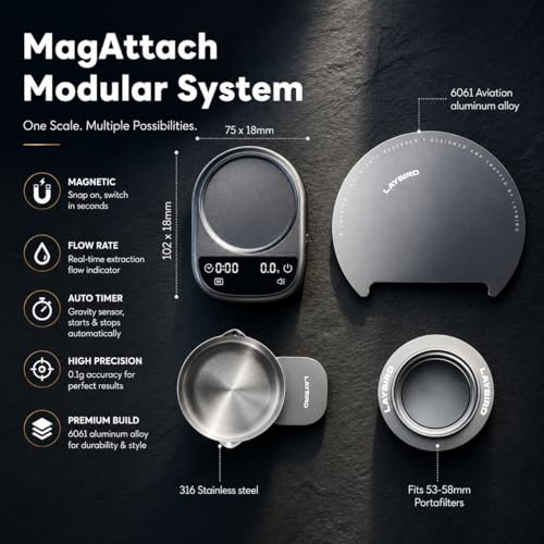 Image of LAYBIRD MagAttach 3-in-1 Coffee Scale with Timer - Precision Espresso & Pour Over Scale with Flow Rate and Brew Ratio Display, Includes Magnetic Dosing Cup and Extension Platform Brewing Accessories