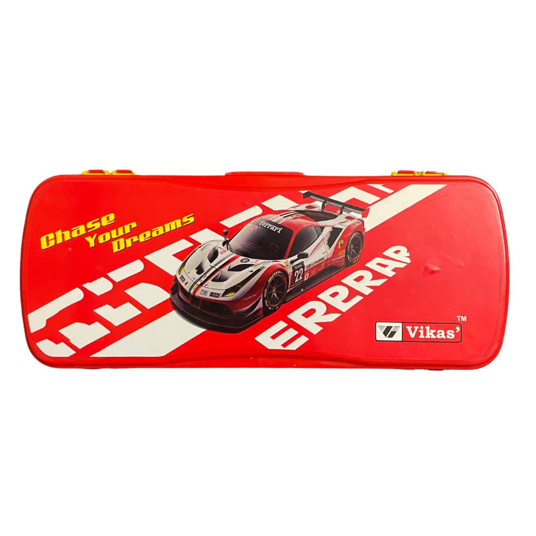 Vikas' Maxo Ferrari Car Design Plastic Pencil Box for Kids | Big Stationery Organizer with Multi-Compartments | Red Color | Hard Plastic Geometry Box for Boys | Age 5+-image-4